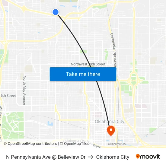 N Pennsylvania Ave @ Belleview Dr to Oklahoma City map