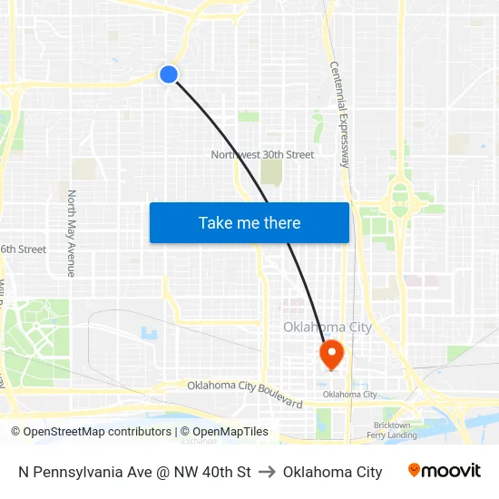 N Pennsylvania Ave @ NW 40th St to Oklahoma City map