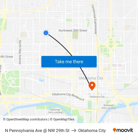 N Pennsylvania Ave @ NW 29th St to Oklahoma City map