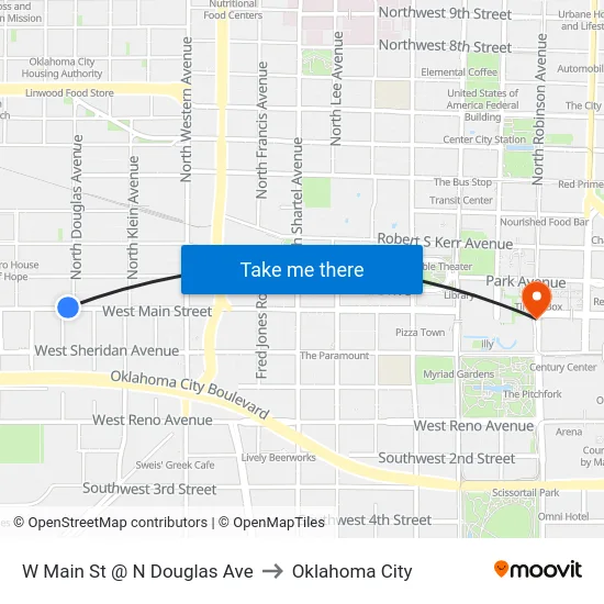 W Main St @ N Douglas Ave to Oklahoma City map