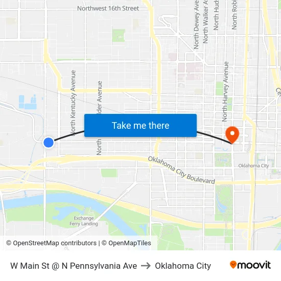 W Main St @ N Pennsylvania Ave to Oklahoma City map