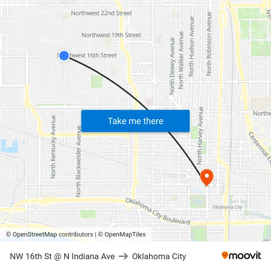 NW 16th St @ N Indiana Ave to Oklahoma City map