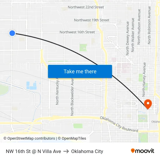 NW 16th St @ N Villa Ave to Oklahoma City map