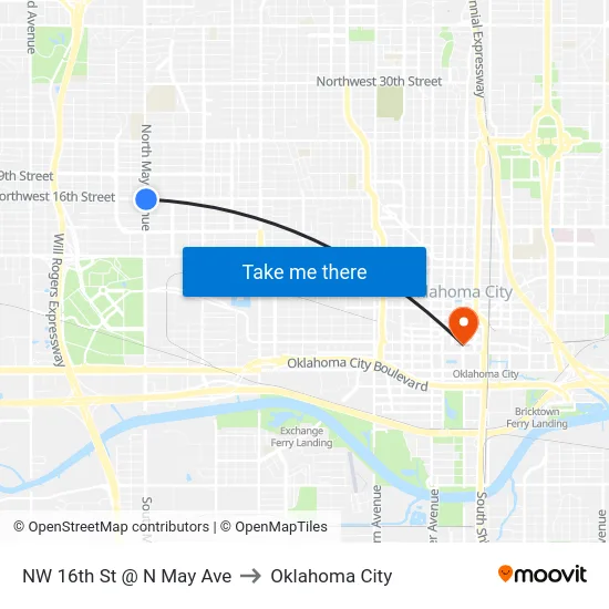 NW 16th St @ N May Ave to Oklahoma City map
