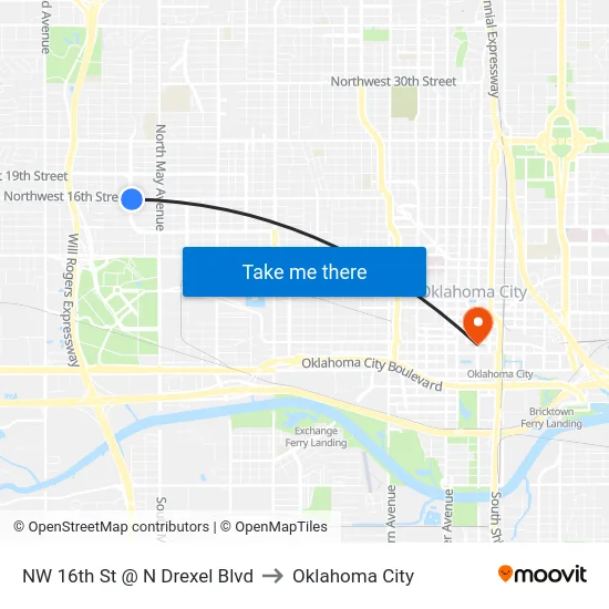 NW 16th St @ N Drexel Blvd to Oklahoma City map