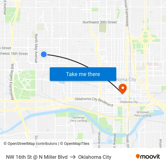 NW 16th St @ N Miller Blvd to Oklahoma City map