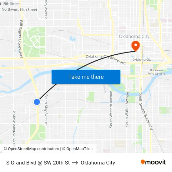 S Grand Blvd @ SW 20th St to Oklahoma City map