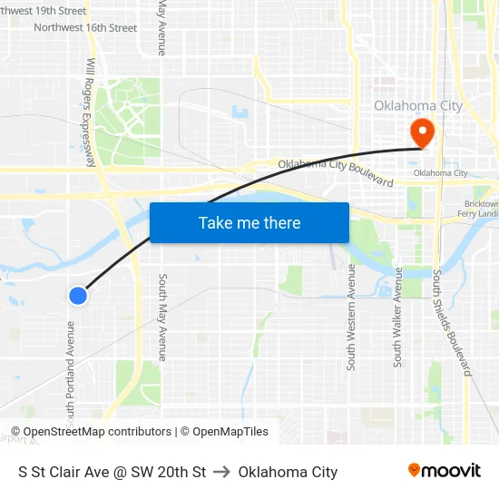 S St Clair Ave @ SW 20th St to Oklahoma City map