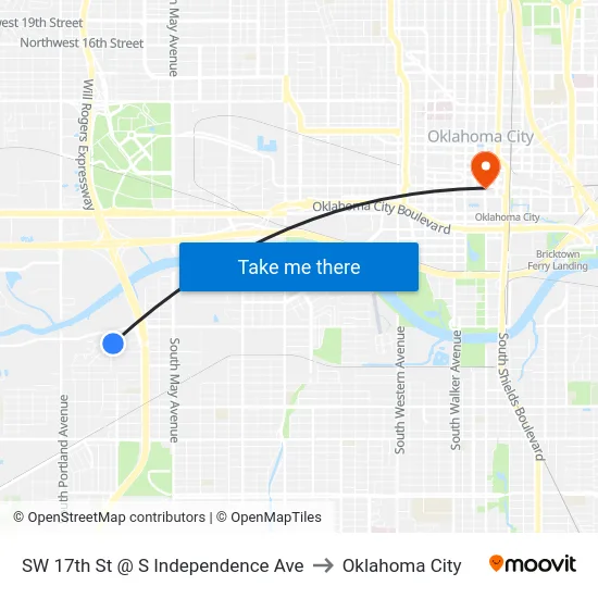 SW 17th St @ S Independence Ave to Oklahoma City map