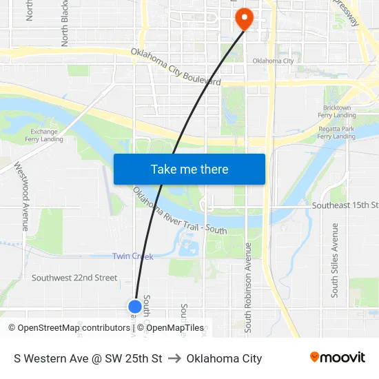 S Western Ave @ SW 25th St to Oklahoma City map