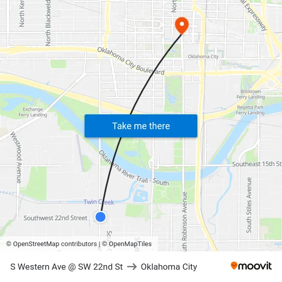 S Western Ave @ SW 22nd St to Oklahoma City map
