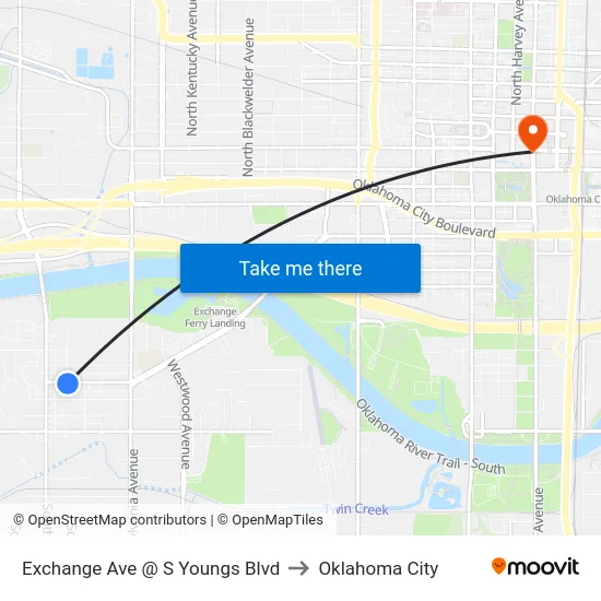 Exchange Ave @ S Youngs Blvd to Oklahoma City map