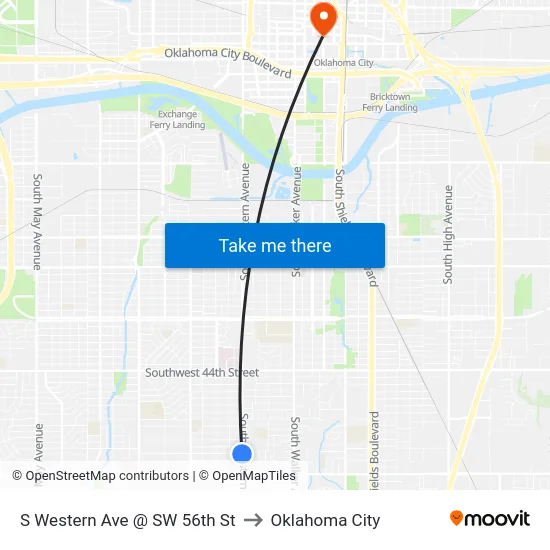 S Western Ave @ SW 56th St to Oklahoma City map