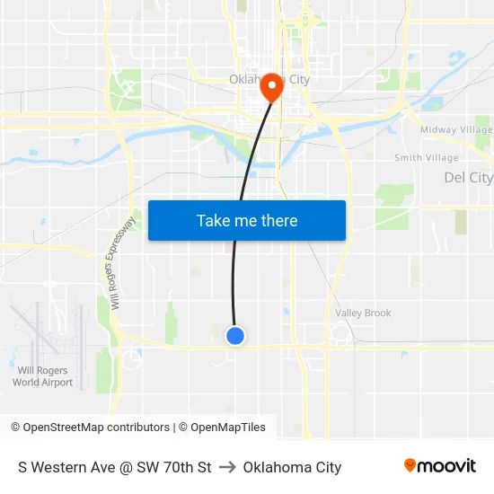 S Western Ave @ SW 70th St to Oklahoma City map