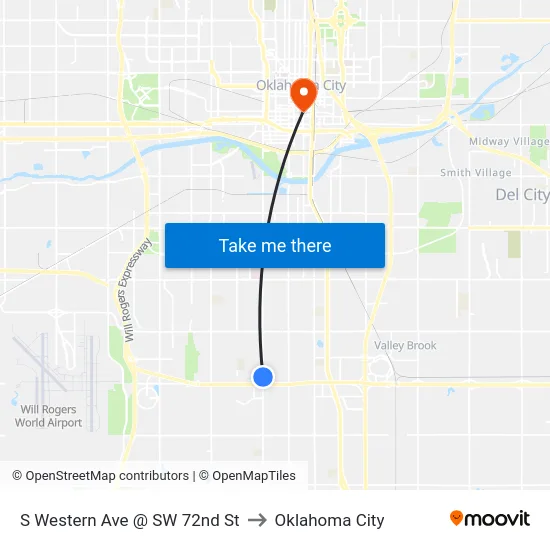S Western Ave @ SW 72nd St to Oklahoma City map