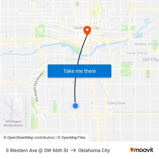 S Western Ave @ SW 66th St to Oklahoma City map