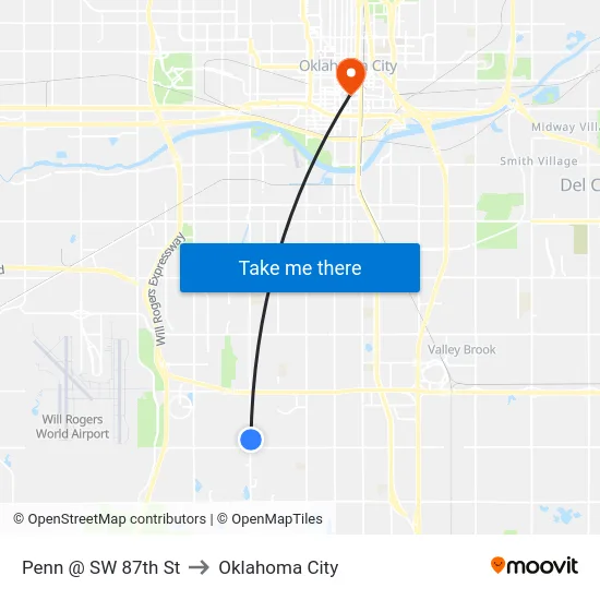 Penn @ SW 87th St to Oklahoma City map
