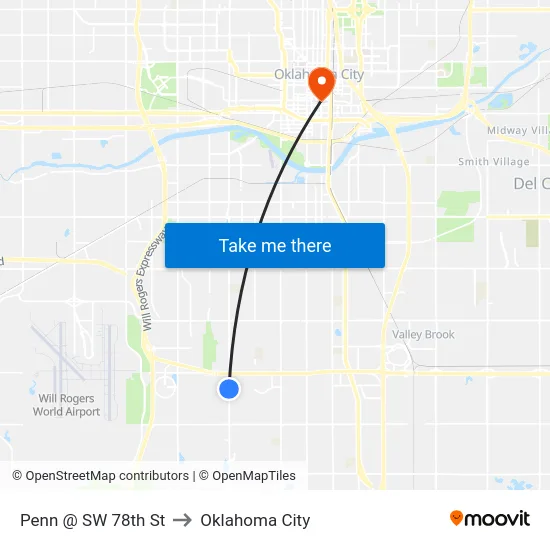 Penn @ SW 78th St to Oklahoma City map
