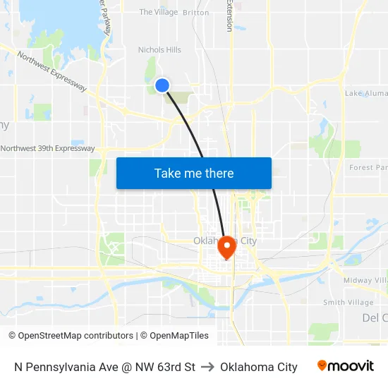 N Pennsylvania Ave @ NW 63rd St to Oklahoma City map
