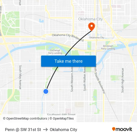 Penn @ SW 31st St to Oklahoma City map
