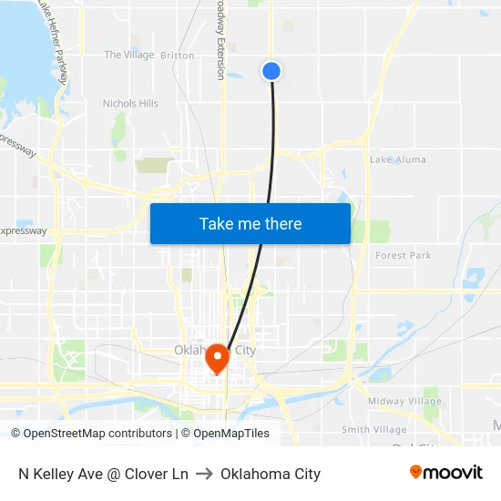 N Kelley Ave @ Clover Ln to Oklahoma City map