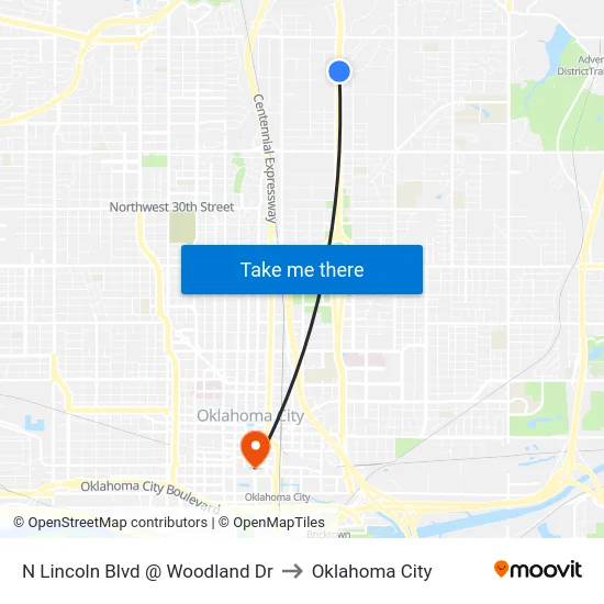 N Lincoln Blvd @ Woodland Dr to Oklahoma City map