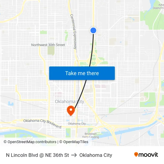 N Lincoln Blvd @ NE 36th St to Oklahoma City map