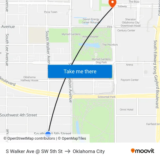 S Walker Ave @ SW 5th St to Oklahoma City map