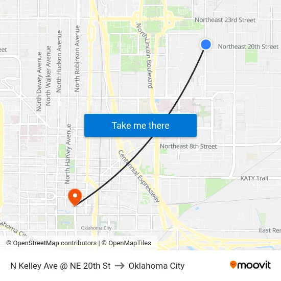 N Kelley Ave @ NE 20th St to Oklahoma City map