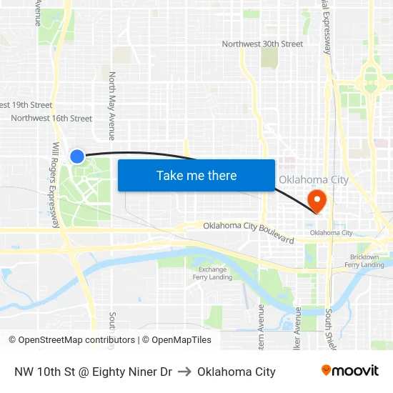 NW 10th St @ Eighty Niner Dr to Oklahoma City map