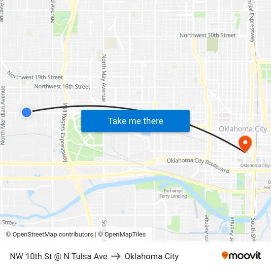 NW 10th St @ N Tulsa Ave to Oklahoma City map