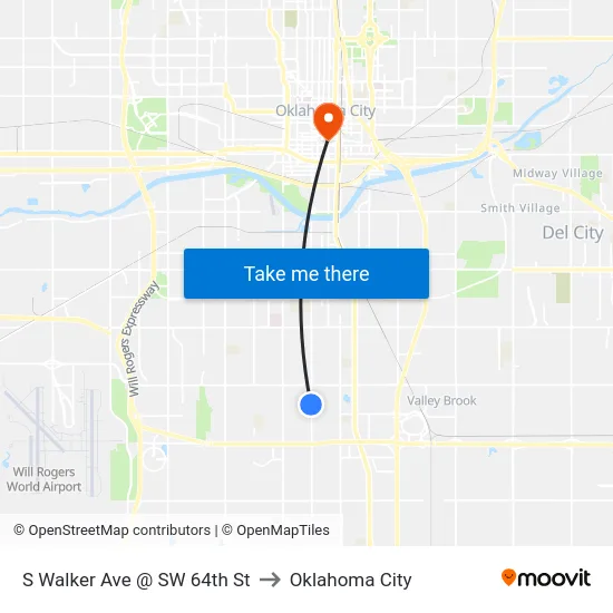 S Walker Ave @ SW 64th St to Oklahoma City map