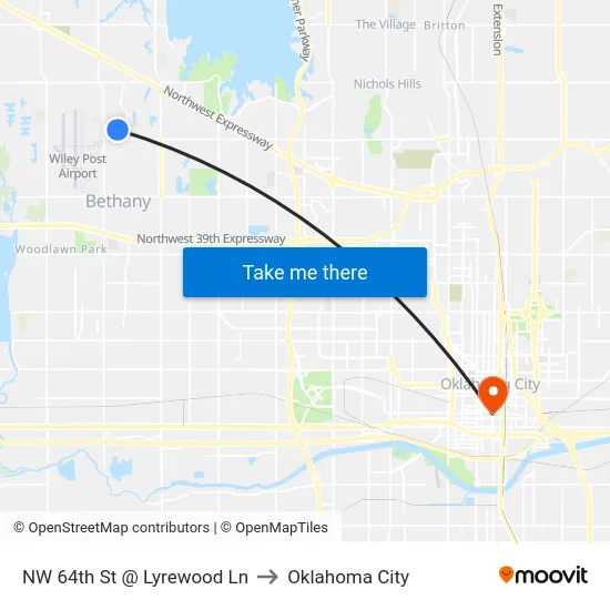 NW 64th St @ Lyrewood Ln to Oklahoma City map