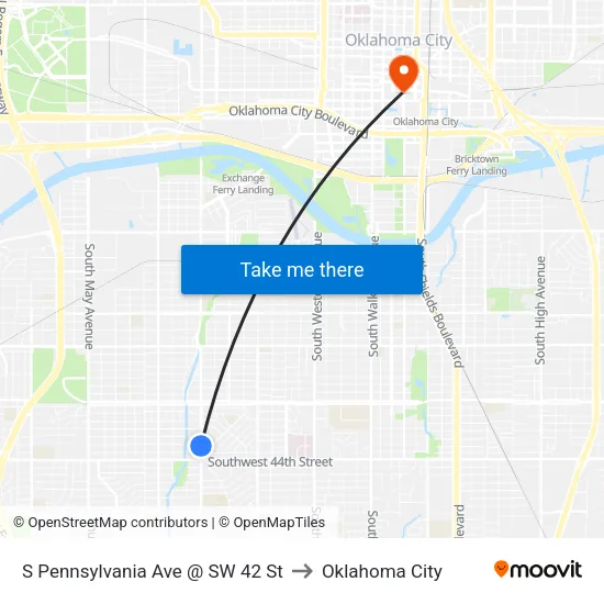 S Pennsylvania Ave @ SW 42 St to Oklahoma City map