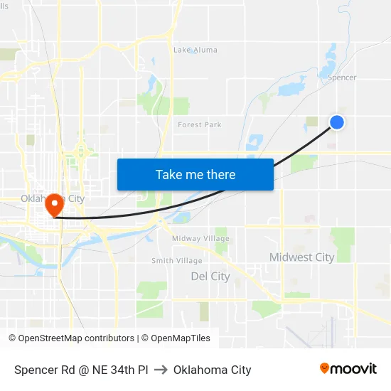 Spencer Rd @ NE 34th Pl to Oklahoma City map
