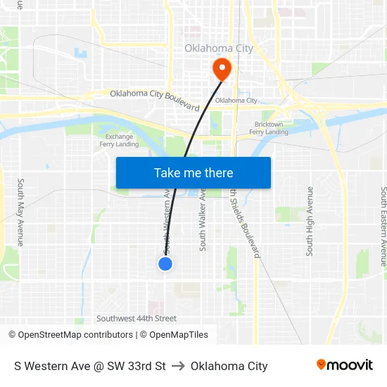 S Western Ave @ SW 33rd St to Oklahoma City map
