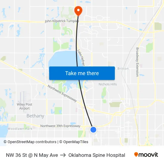 NW 36 St @ N May Ave to Oklahoma Spine Hospital map