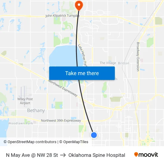 N May Ave @ NW 28 St to Oklahoma Spine Hospital map