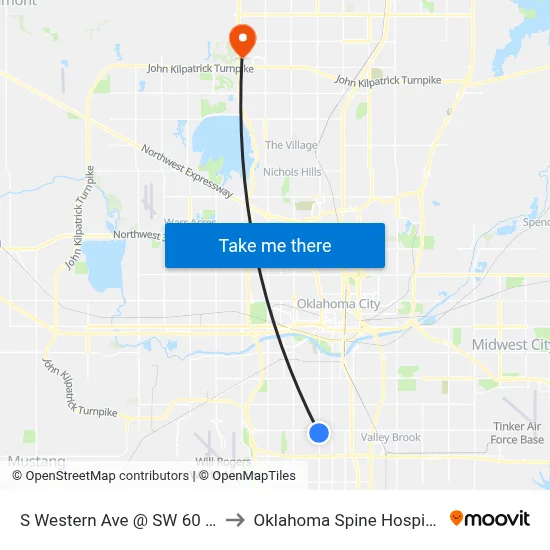 S Western Ave @ SW 60 St to Oklahoma Spine Hospital map