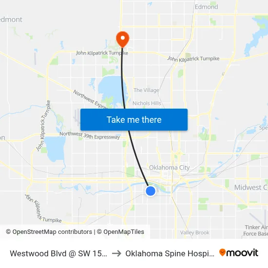 Westwood Blvd @ SW 15 St to Oklahoma Spine Hospital map