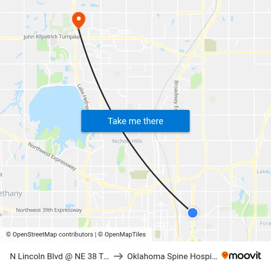 N Lincoln Blvd @ NE 38 Terr to Oklahoma Spine Hospital map