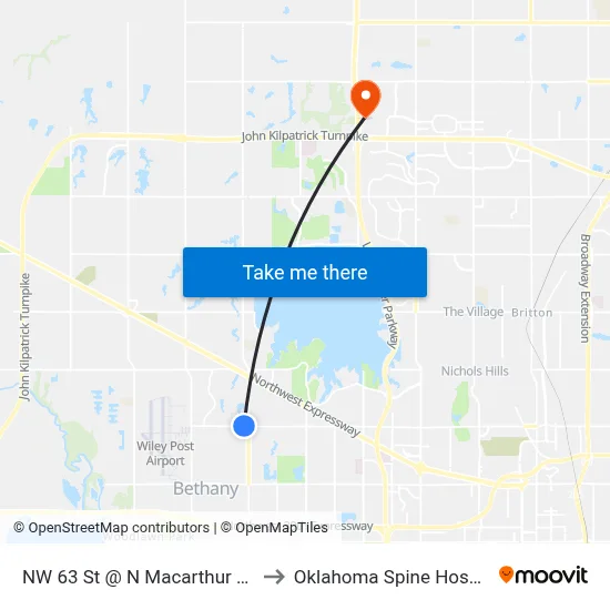 NW 63 St @ N Macarthur Blvd to Oklahoma Spine Hospital map