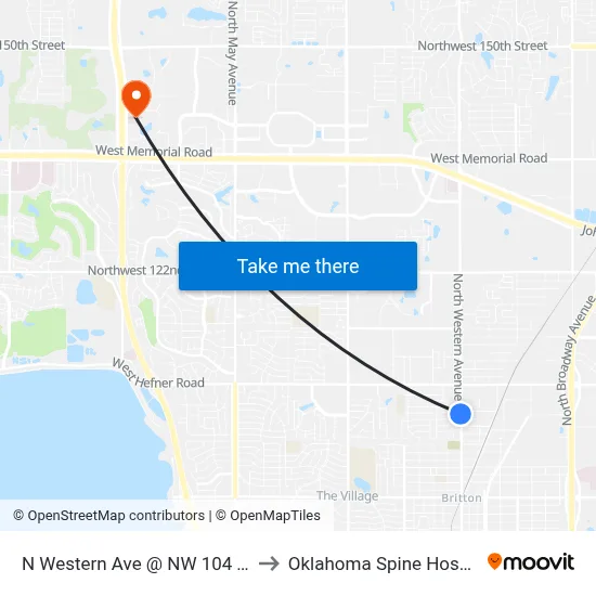 N Western Ave @ NW 104 Terr to Oklahoma Spine Hospital map