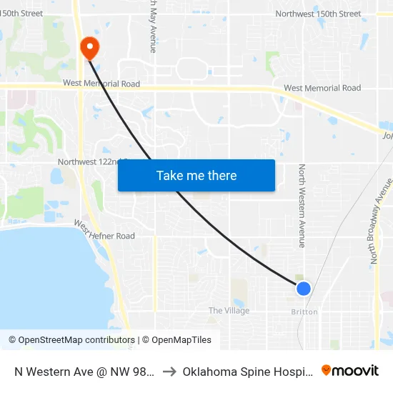 N Western Ave @ NW 98 St to Oklahoma Spine Hospital map
