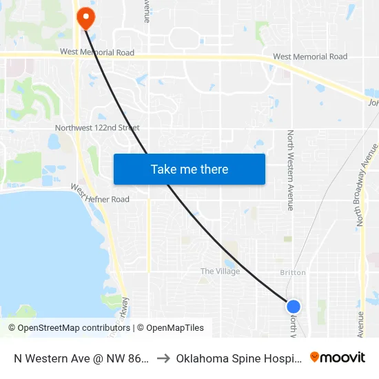 N Western Ave @ NW 86 St to Oklahoma Spine Hospital map