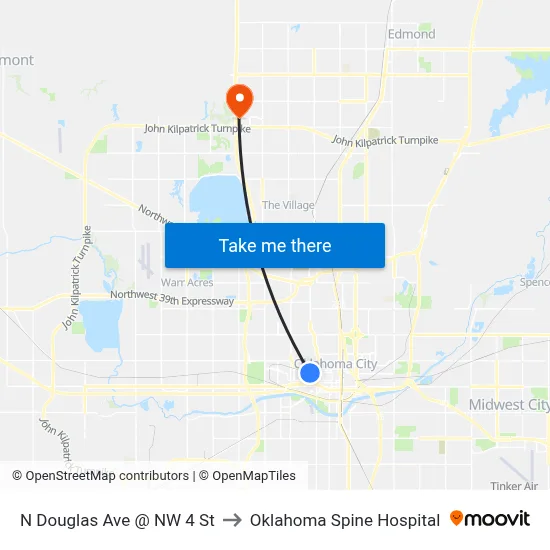 N Douglas Ave @ NW 4 St to Oklahoma Spine Hospital map