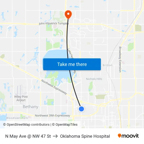 N May Ave @ NW 47 St to Oklahoma Spine Hospital map