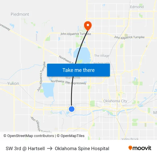 SW 3rd @ Hartsell to Oklahoma Spine Hospital map
