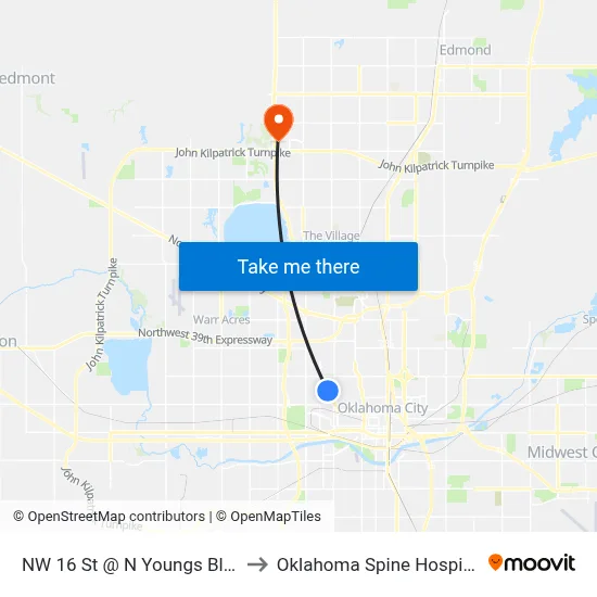 NW 16 St @ N Youngs Blvd to Oklahoma Spine Hospital map
