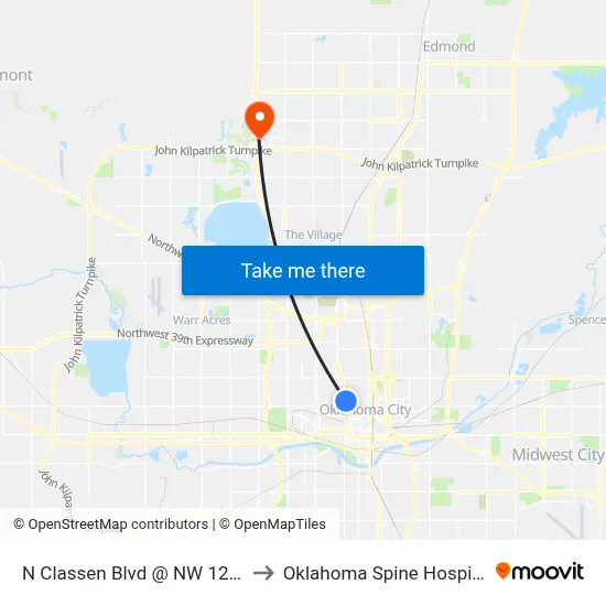 N Classen Blvd @ NW 12 St to Oklahoma Spine Hospital map